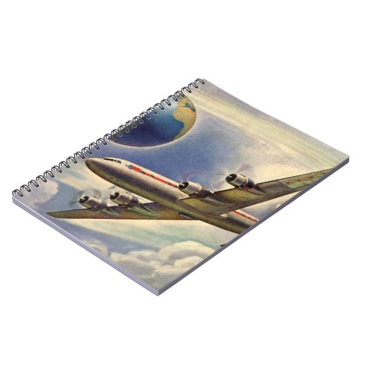 ヴィンテージ飛んでいるで世界中に雲が広がる飛行機 ノートブック (左側)