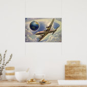 ヴィンテージ飛んでいるで世界中に雲が広がる飛行機 ポスター (キッチン)