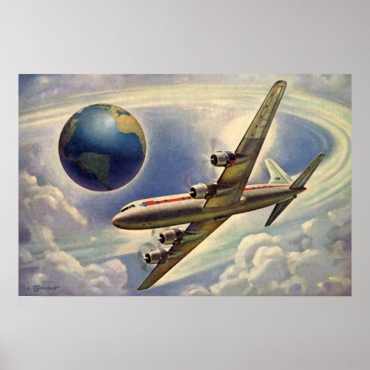 ヴィンテージ飛んでいるで世界中に雲が広がる飛行機 ポスター (正面)