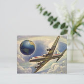 ヴィンテージ飛んでいるで世界中に雲が広がる飛行機 ポストカード (スタンド正面)