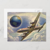 ヴィンテージ飛んでいるで世界中に雲が広がる飛行機 ポストカード (正面/裏面)