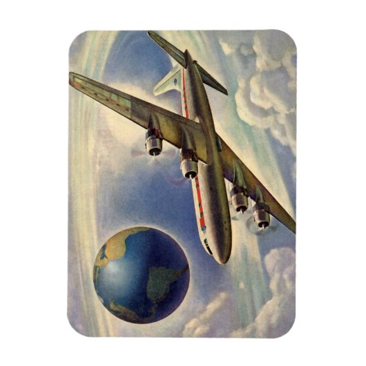 ヴィンテージ飛んでいるで世界中に雲が広がる飛行機 マグネット (縦)