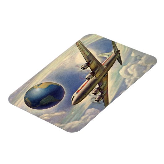 ヴィンテージ飛んでいるで世界中に雲が広がる飛行機 マグネット (左側)