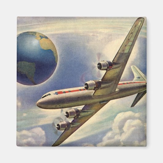 ヴィンテージ飛んでいるで世界中に雲が広がる飛行機 マグネット (正面)