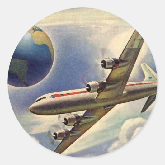 ヴィンテージ飛んでいるで世界中に雲が広がる飛行機 ラウンドシール (正面)