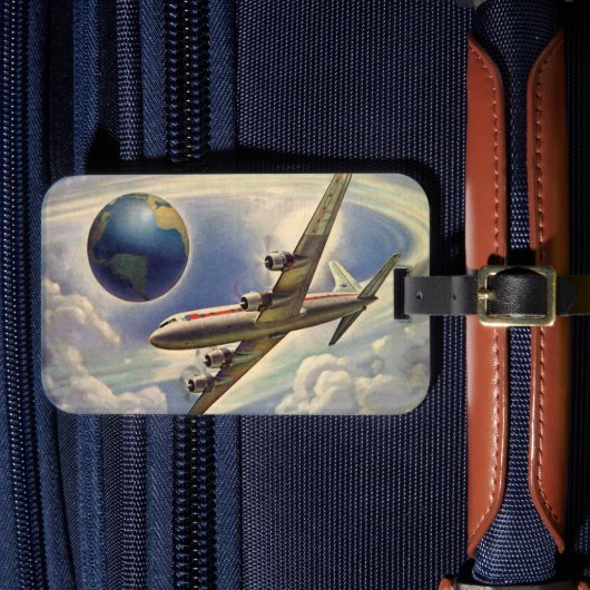 ヴィンテージ飛んでいるで世界中に雲が広がる飛行機 ラゲッジタグ (正面インサイチュ4)
