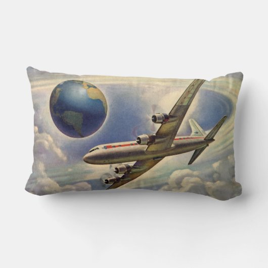 ヴィンテージ飛んでいるで世界中に雲が広がる飛行機 ランバークッション (裏面)