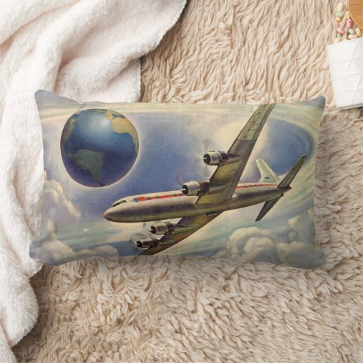 ヴィンテージ飛んでいるで世界中に雲が広がる飛行機 ランバークッション (ブランケット)