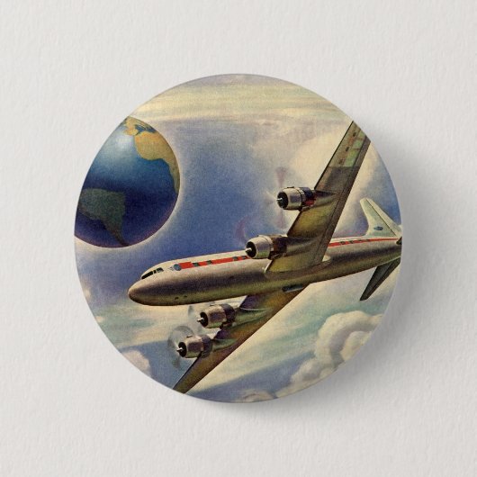 ヴィンテージ飛んでいるで世界中に雲が広がる飛行機 缶バッジ (正面)