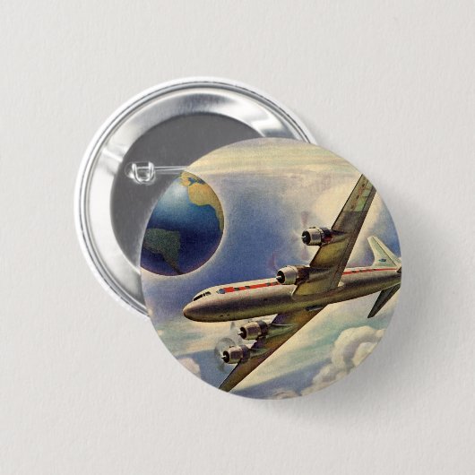 ヴィンテージ飛んでいるで世界中に雲が広がる飛行機 缶バッジ (正面&裏面)