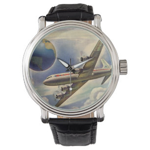 ヴィンテージ飛んでいるで世界中に雲が広がる飛行機 腕時計