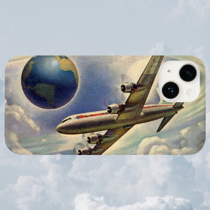 ヴィンテージ飛んでいるで世界中に雲が広がる飛行機 iPhone 15ケース