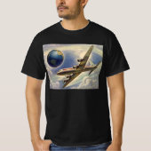 ヴィンテージ飛んでいるで世界中に雲が広がる飛行機 Tシャツ (正面)