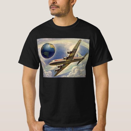 ヴィンテージ飛んでいるで世界中に雲が広がる飛行機 Tシャツ (正面)