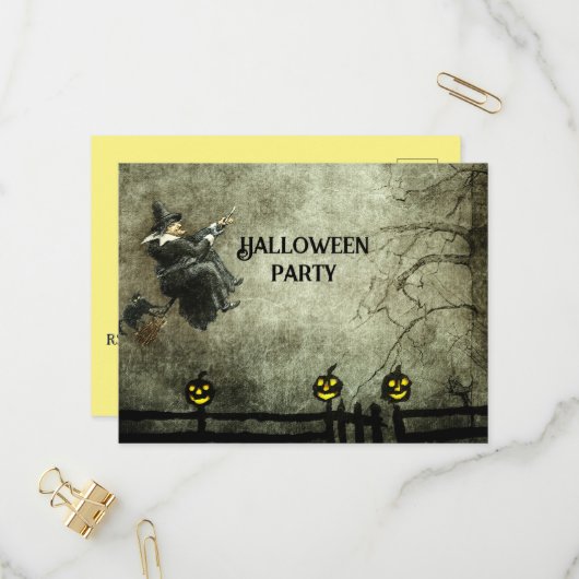 ヴィンテージ飛んでいるウィッチアットナイトグリニングカボチャ インビテーションポストカード (正面/裏面インサイチュ)