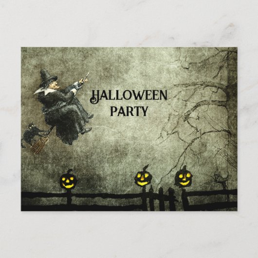ヴィンテージ飛んでいるウィッチアットナイトグリニングカボチャ インビテーションポストカード (正面)