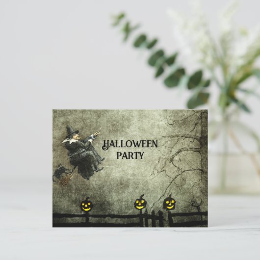 ヴィンテージ飛んでいるウィッチアットナイトグリニングカボチャ インビテーションポストカード (スタンド正面)