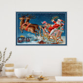 ヴィンテージ飛んでいるサンタそり ポスター (キッチン)