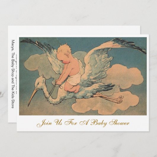 ヴィンテージ飛んでいるストルエレガントク性赤ちゃんシャワー 招待状 (正面/裏面)