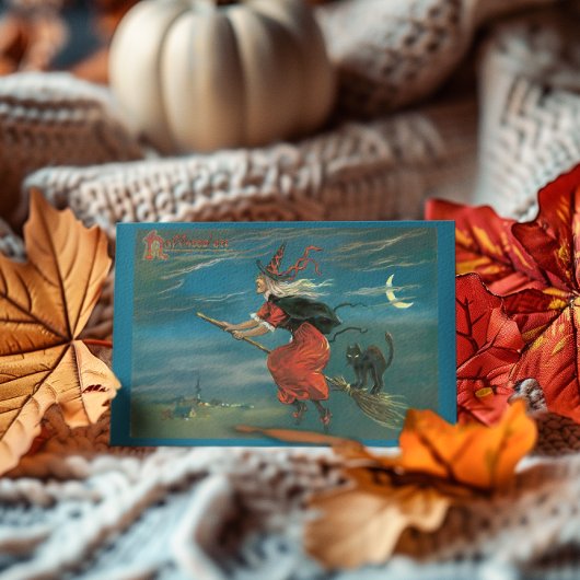 ヴィンテージ飛んでいるハロウィンウィッチ付きブロムスティック ノートカード