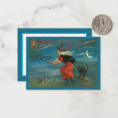 ヴィンテージ飛んでいるハロウィンウィッチ付きブロムスティック ノートカード (正面/裏面インサイチュ)