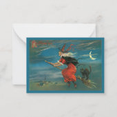 ヴィンテージ飛んでいるハロウィンウィッチ付きブロムスティック ノートカード (正面)