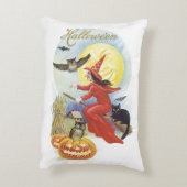 ヴィンテージ飛んでいるハロウィン黒猫の魔女 アクセントクッション (裏面(縦))