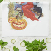 ヴィンテージ飛んでいるハロウィン黒猫の魔女 キッチンタオル (折り畳み)