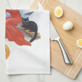 ヴィンテージ飛んでいるハロウィン黒猫の魔女 キッチンタオル (四つ折り)