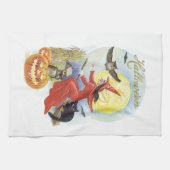 ヴィンテージ飛んでいるハロウィン黒猫の魔女 キッチンタオル (横)