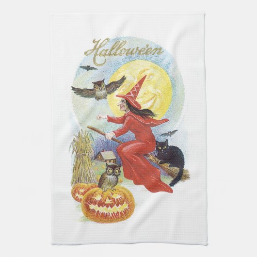 ヴィンテージ飛んでいるハロウィン黒猫の魔女 キッチンタオル (縦)