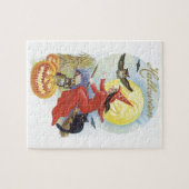 ヴィンテージ飛んでいるハロウィン黒猫の魔女 ジグソーパズル (横)