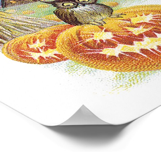 ヴィンテージ飛んでいるハロウィン黒猫の魔女 ポスター (角)