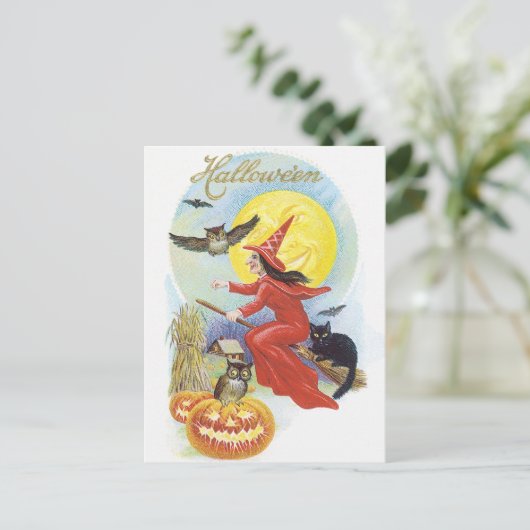 ヴィンテージ飛んでいるハロウィン黒猫の魔女 ポストカード (スタンド正面)