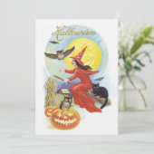 ヴィンテージ飛んでいるハロウィン黒猫の魔女 招待状 (スタンド正面)