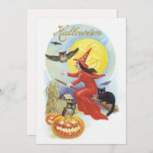 ヴィンテージ飛んでいるハロウィン黒猫の魔女 招待状 (正面/裏面)