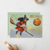 ヴィンテージ飛んでいるハロウィーン魔女とカボチャ ノートカード (正面/裏面インサイチュ)