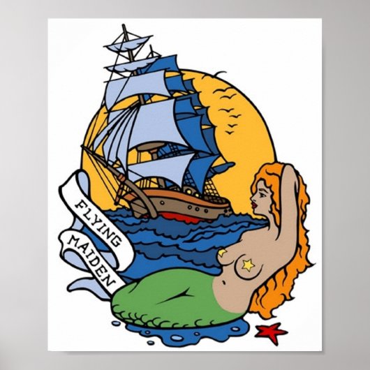 ヴィンテージ飛んでいるメイドマーメイド、船タトゥーアート ポスター (正面)