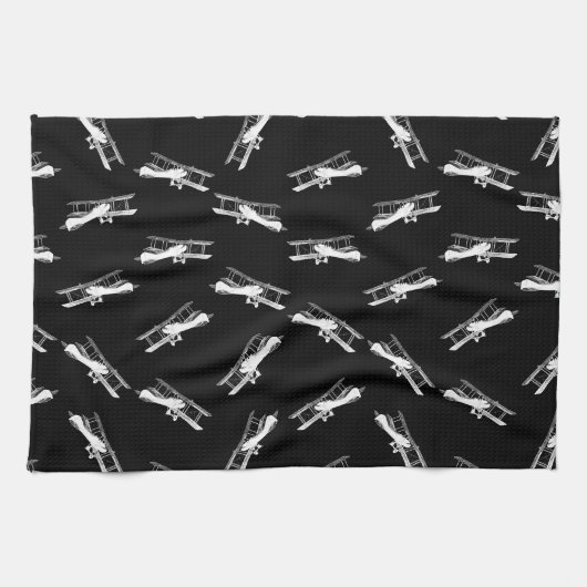 ヴィンテージ飛んでいる飛行機アンティーク飛行機アートパターン キッチンタオル (横)