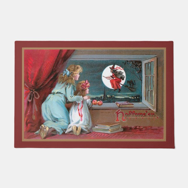 ヴィンテージ飛んでいる魔女（満月と女子校生あり） ドアマット (正面)