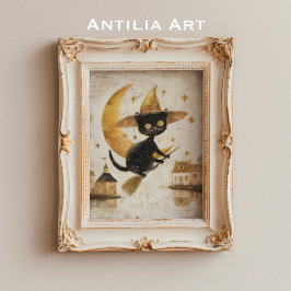 ヴィンテージ飛んでいる黒猫の絵を描ハロウィーンムーン ポスター