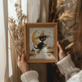 ヴィンテージ飛んでいる黒猫の絵を描ハロウィーンムーン ポスター