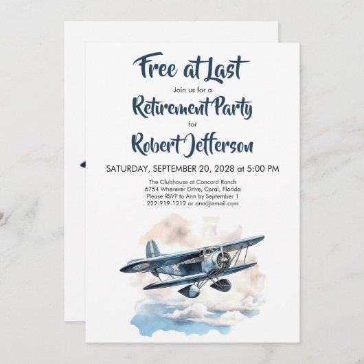 ヴィンテージ飛行機が最後の青色退職後に無償で 招待状 (正面/裏面)