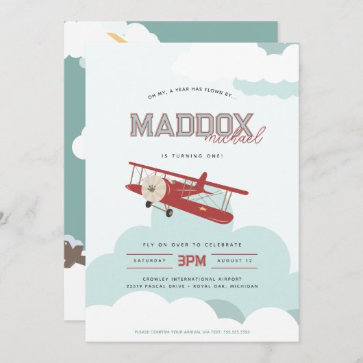 ヴィンテージ飛行機が第1誕生日飛行機で飛行する 招待状 (正面/裏面)