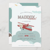 ヴィンテージ飛行機が第1誕生日飛行機上空を飛行 招待状 (正面/裏面)