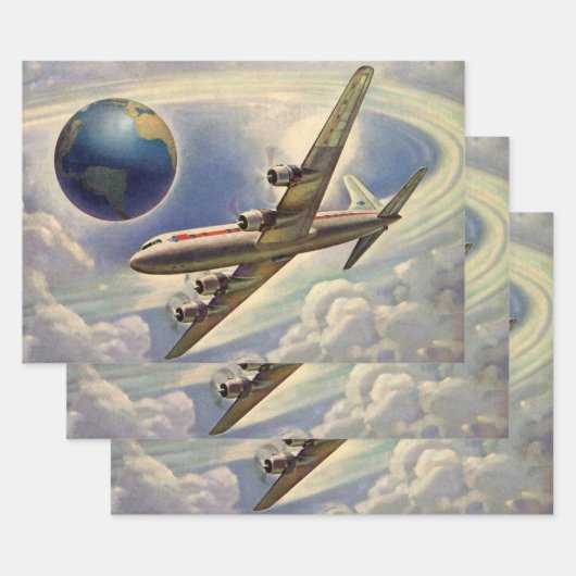 ヴィンテージ飛行機が雲の中で世界一周 ラッピングペーパーシート (セット)