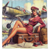 ヴィンテージ飛行機のピンアップイラストレーション シャワーカーテン (正面)