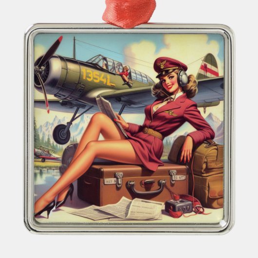 ヴィンテージ飛行機のピンアップイラストレーション メタルオーナメント (正面)
