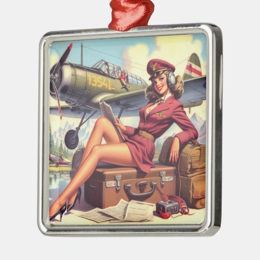 ヴィンテージ飛行機のピンアップイラストレーション メタルオーナメント (左)
