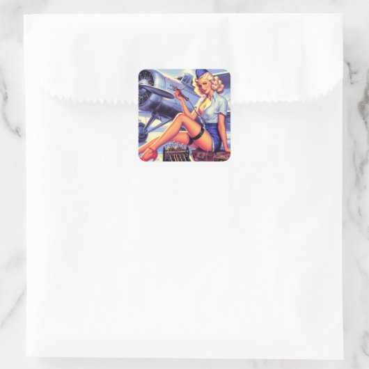 ヴィンテージ飛行機のピンアップ スクエアシール (バッグ)